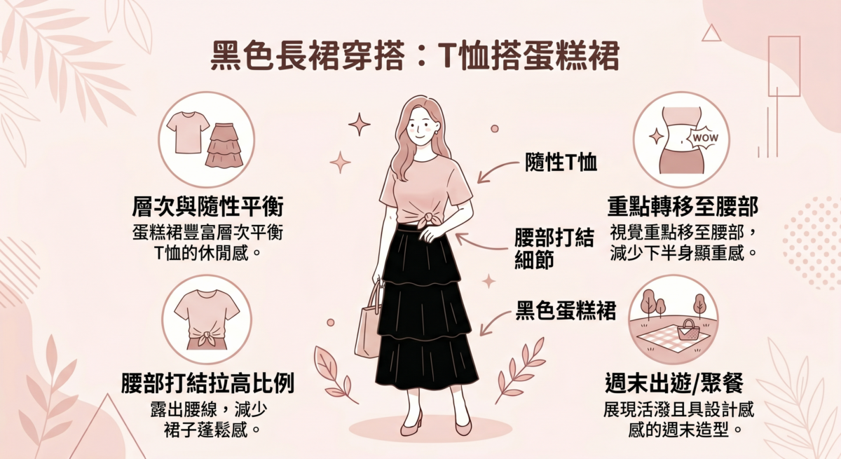 蛋糕裙豐富的層次設計能增加視覺份量感，正好可以平衡T恤隨性的休閒屬性。