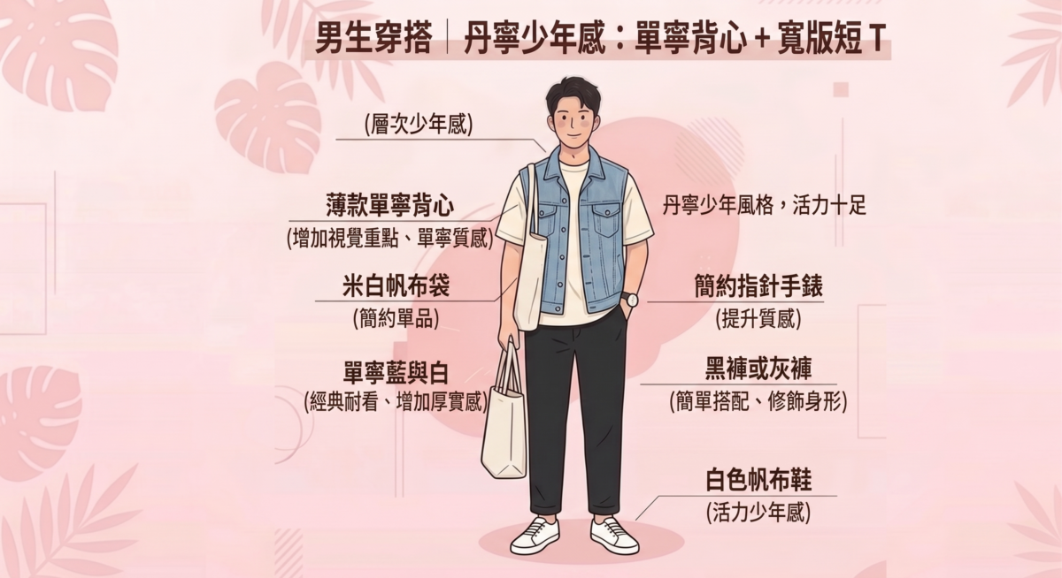 背心不會像外套那樣悶熱，卻能有效增加胸前的視覺重點。
