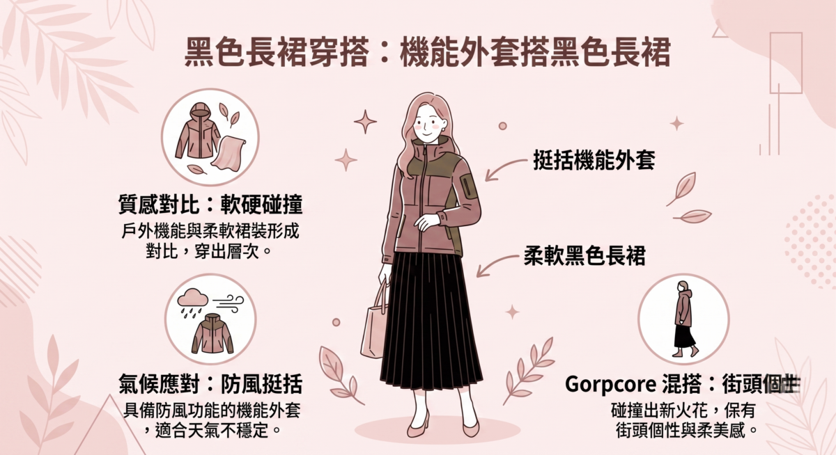 這是近年流行的Gorpcore風格混搭，將戶外機能風與優雅長裙碰撞出新火花。
