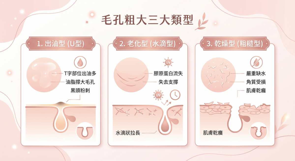 很多人以為毛孔大就是因為油，但其實皮膚老化、缺水或是錯誤的保養習慣，都會讓孔徑變得明顯。