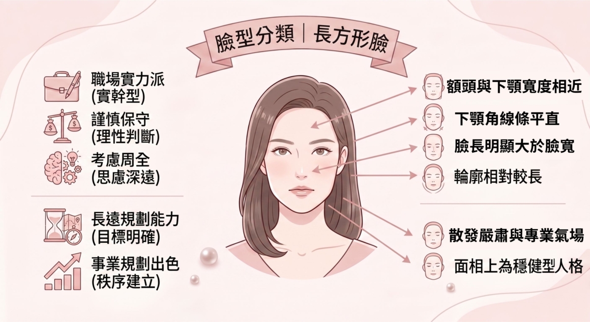 長方形臉的輪廓相對較長，給人一種嚴肅且專業的氣場，這類人往往被視為職場上的實力派。