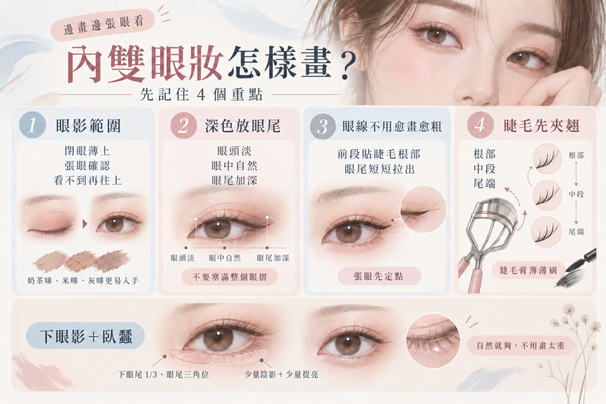 內雙眼妝4步圖解,示範眼影範圍、眼尾加深、細眼線和夾翹睫毛的畫法,並補充下眼影與臥蠶位置。