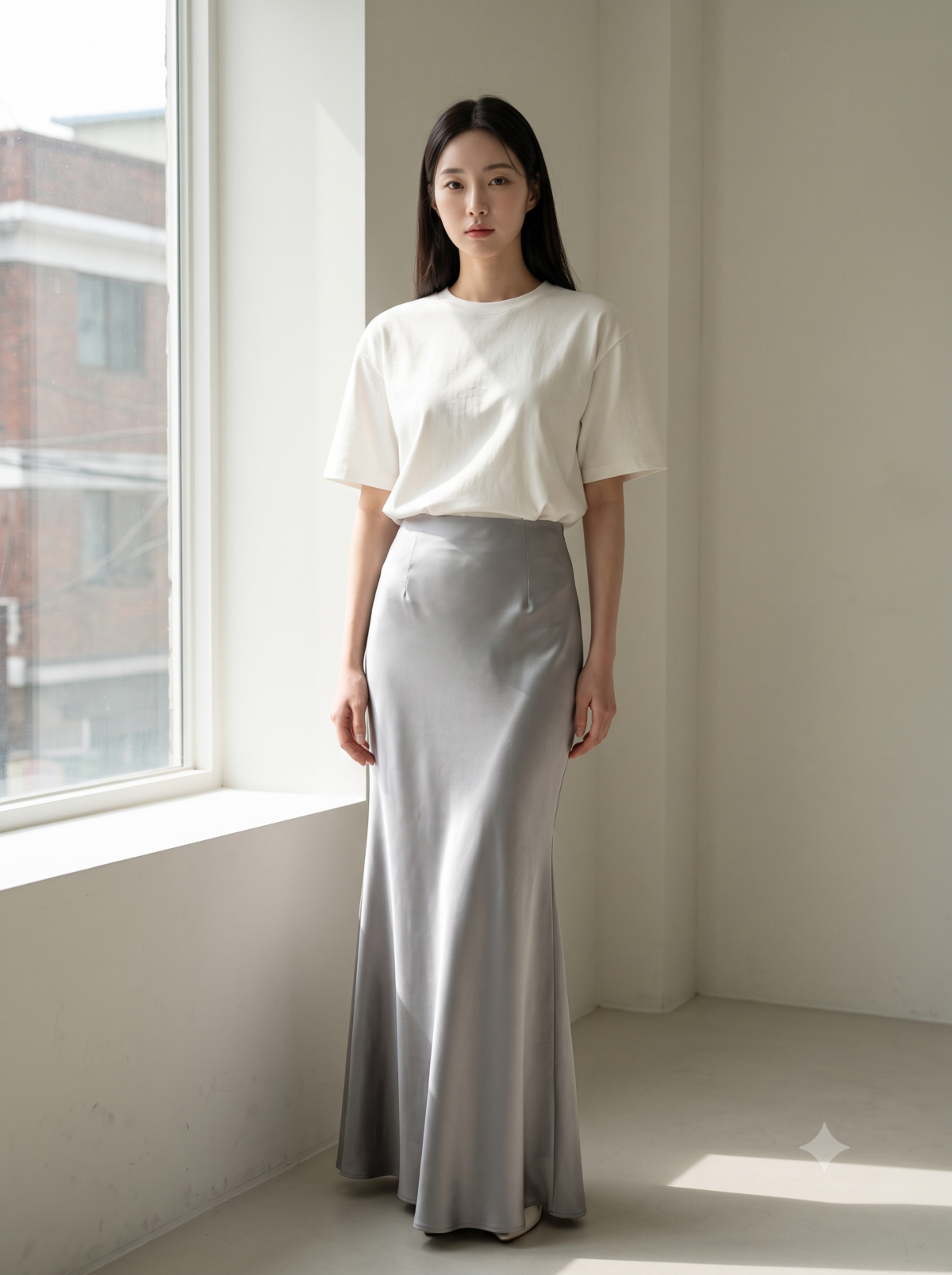 想把 Oversize T-shirt 穿出女人味，可用裙裝、細緻配飾和腰線平衡寬鬆感。