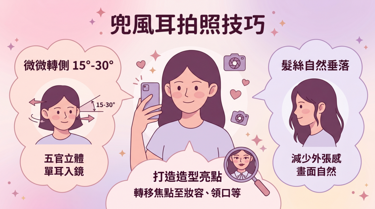 兜風耳拍照技巧圖解:展示微調角度15-30度、保留耳側垂落髮絲、以及利用妝容與領口設計轉移畫面焦點等3大自然減少耳朵外張感的修飾方法。