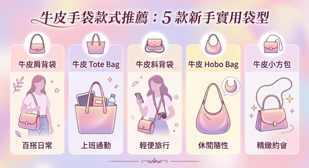 5款新手實用牛皮手袋款式推薦指南,包含肩背袋、Tote Bag、斜背袋、Hobo水桶包和小方包的適合場景與挑選秘訣對照圖。