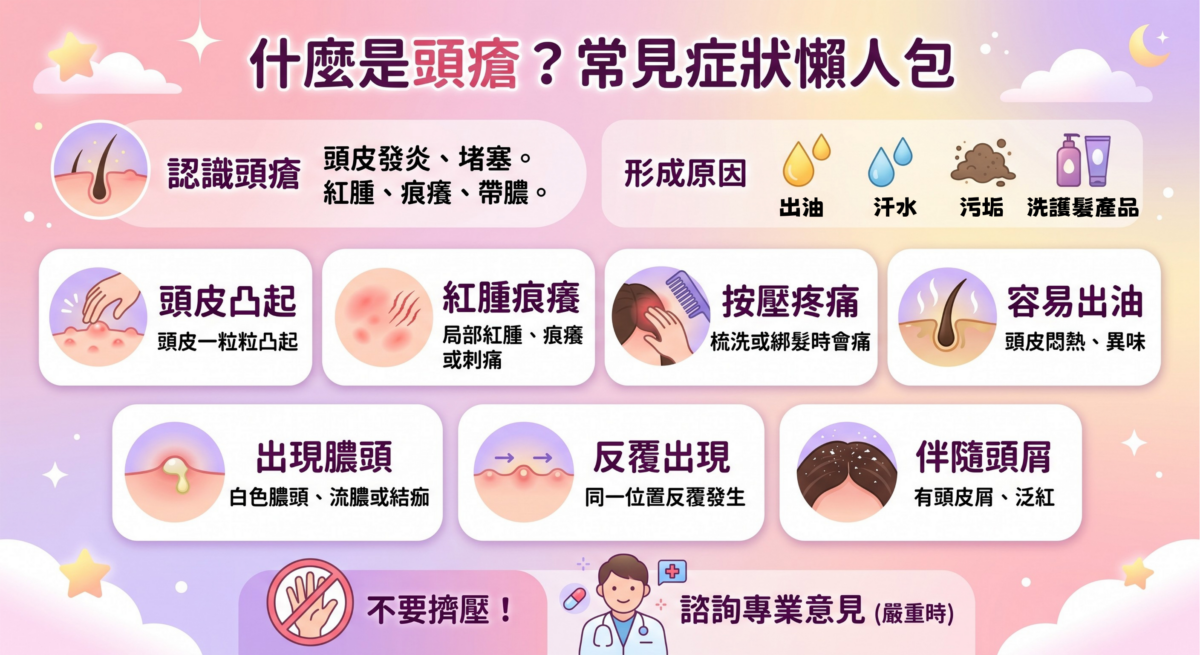 頭瘡常見症狀自我檢測指南圖表，包含頭皮凸起、紅腫痕癢、洗頭梳頭疼痛、出油異味、流膿結痂以及反覆發作等頭皮暗瘡與毛囊發炎症狀。