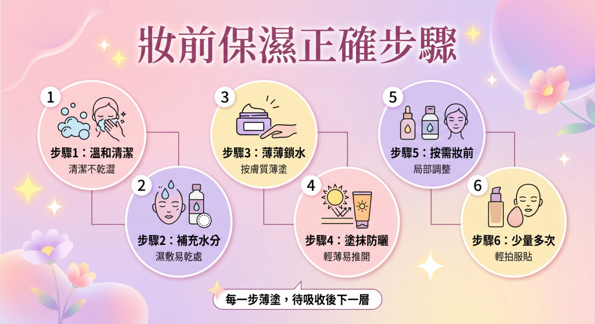 妝前保濕與底妝正確順序 6 步驟流程圖,避免底妝浮粉、搓泥與卡粉的妝前護膚步驟教學。