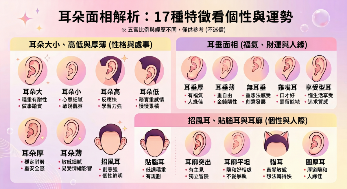 17種耳朵面相特徵解析圖表：一秒看懂大耳、小耳、貼腦耳、招風耳及耳垂厚薄所代表的性格天賦與人際風格懶人包。