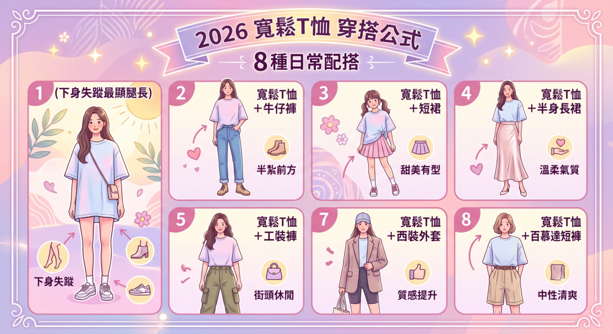 2026-Oversize-T-shirt穿搭公式圖鑑：包含下身失蹤、牛仔褲、短裙、長裙、工裝褲、單車褲、西裝外套與百慕達短褲的8種顯瘦比例配搭技巧。