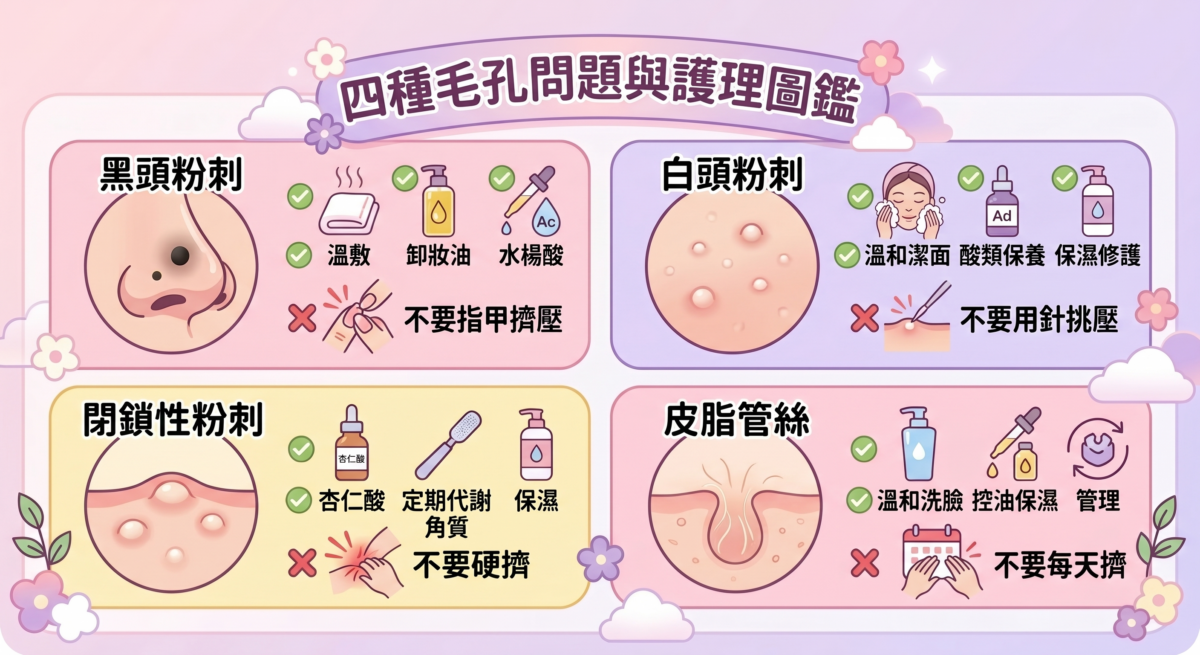 黑頭粉刺、白頭粉刺、閉鎖性粉刺、皮脂管絲的外觀特徵與護理對策對比圖。