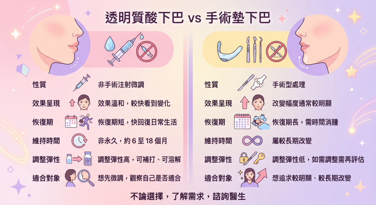 透明質酸下巴與手術墊下巴比較圖:從性質、效果、恢復期、維持時間、調整彈性及適合對象等6大維度,全面對比微整注射與外科手術的差異懶人包。