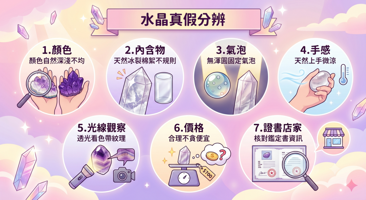 水晶真假分辨方法資訊圖:新手檢查的7個方向對比表,包含顏色、內含物、氣泡、手感溫度、光線觀察、價錢以及證書店家資料的天然與仿品特徵差異。