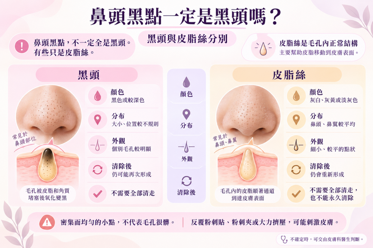 黑頭與皮脂絲差異對照圖：解析鼻頭黑點的顏色、分布外觀與處理方式，說明皮脂絲為正常毛孔結構與清潔注意事項。