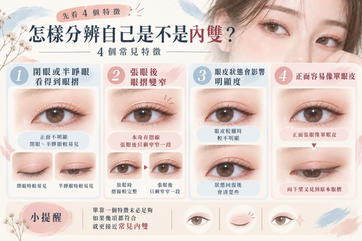 內雙眼皮4個常見特徵圖解,展示閉眼、半睜眼及張眼時眼摺由明顯變窄、受眼皮狀態影響,以及正面容易看似單眼皮的情況。