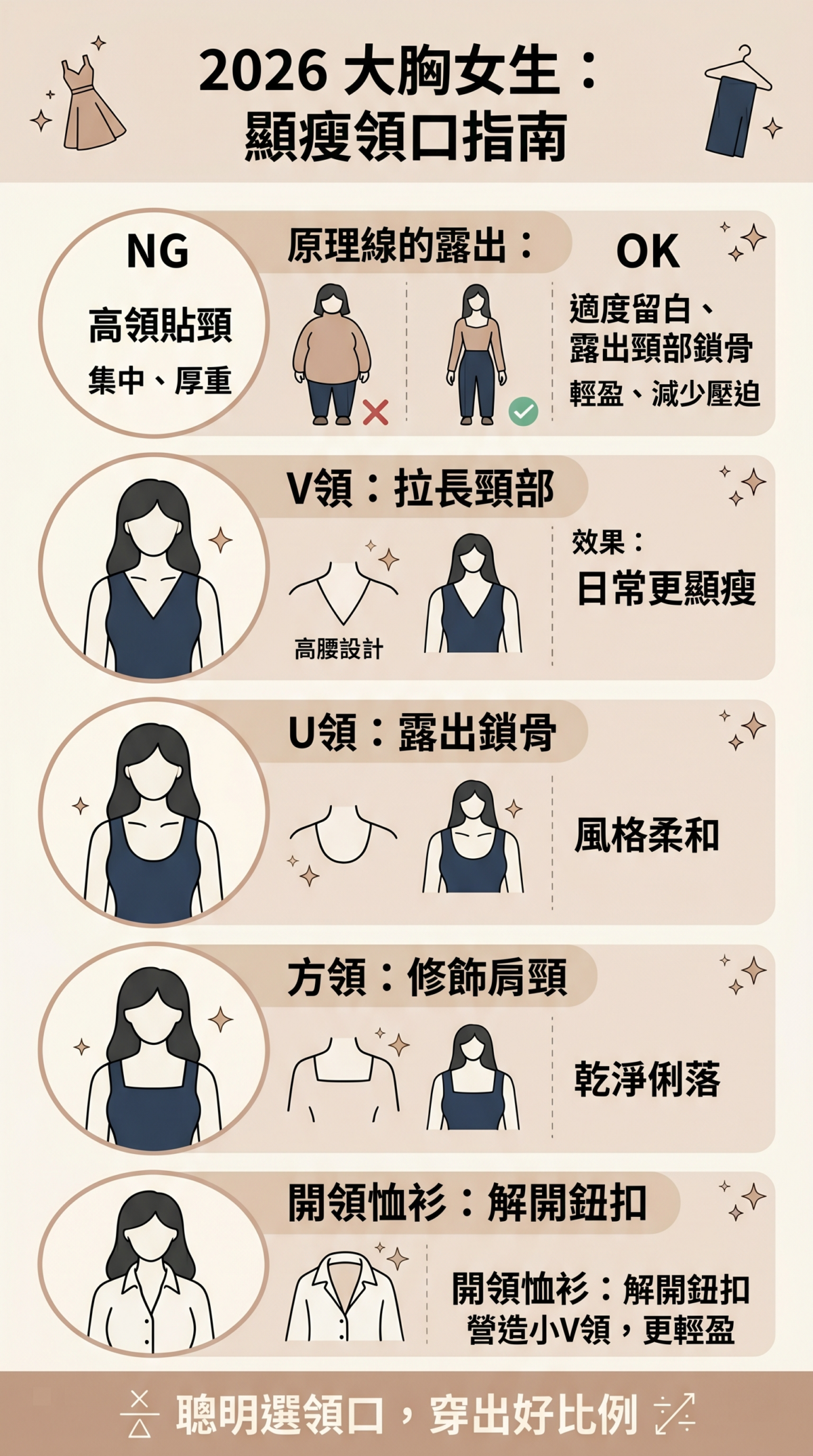 大胸女生顯瘦領口挑選指南資訊圖表:對比V領、U領、方領與開領恤衫四款修飾身材的領口設計、穿搭效果與視覺優勢。
