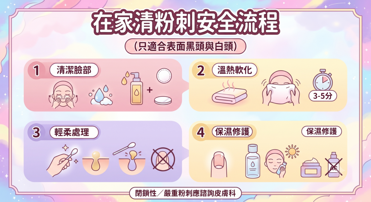 居家安全清粉刺四步驟流程圖：一張圖看懂如何溫和清潔、溫熱毛巾軟化、棉花棒輕柔清理與術後保濕修護，並標示僅適用於表面黑頭與白頭之膚況提示。