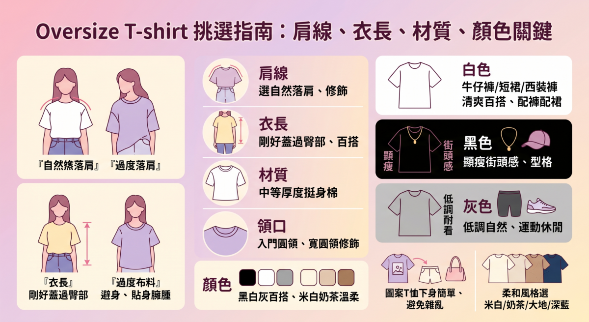 Oversize-T-shirt挑選指南：圖解落肩肩線、最合適衣長與挺身材質的5大日常穿搭重點。