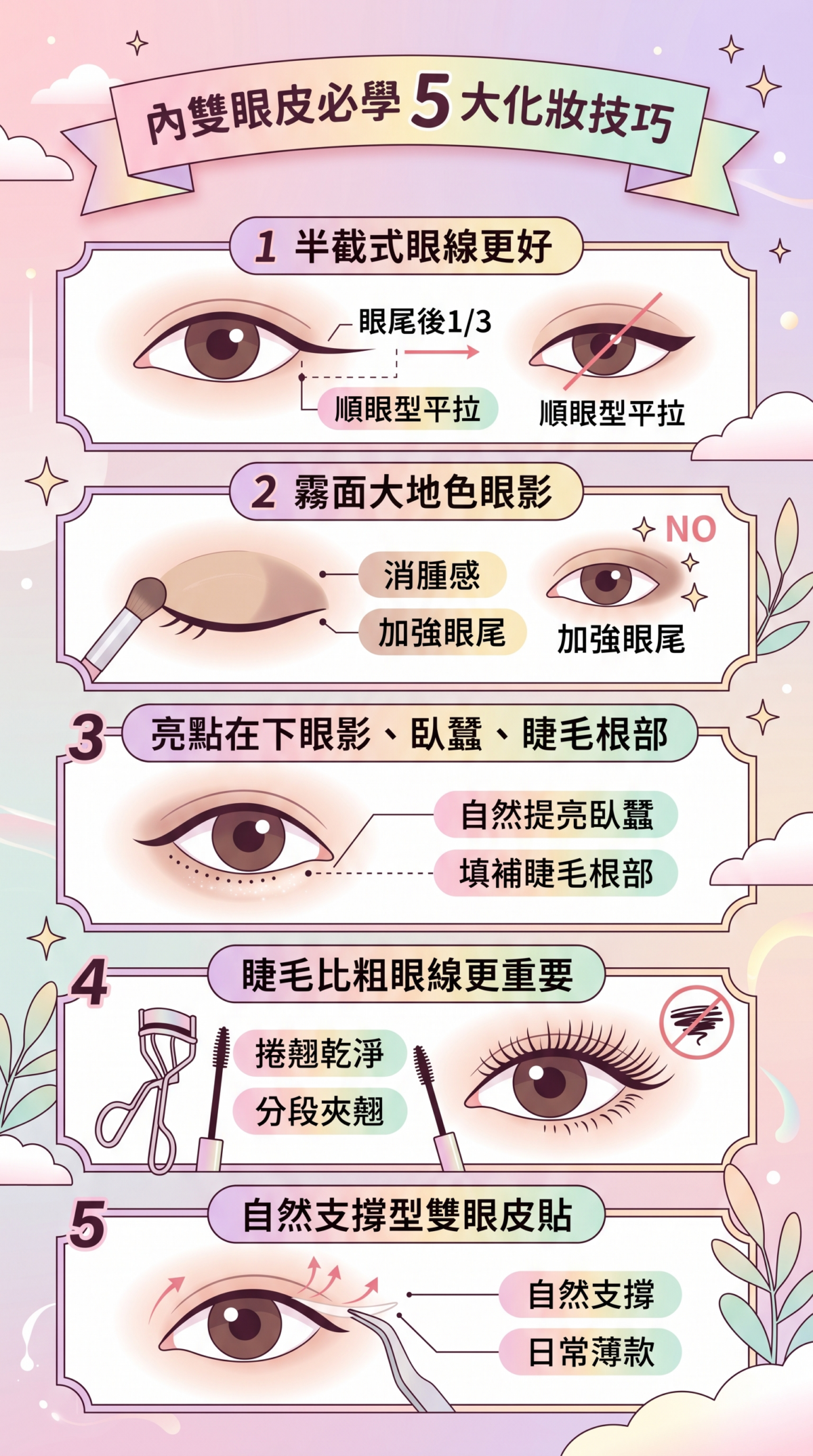 內雙眼皮眼妝技巧資訊圖表:圖解5大改善吃妝與顯腫的化妝步驟,包含眼線貼近根部平拉眼尾、眼影由淺到深加強眼尾、提亮眼頭臥蠶與下眼瞼、分段夾翹睫毛,以及雙眼皮貼的輔助建議。