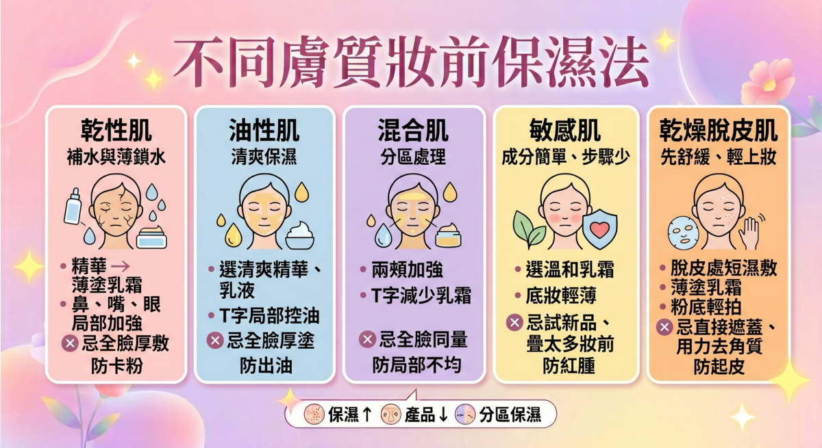 乾性肌、油性肌、混合肌、敏感肌與乾燥脫皮肌的妝前保濕重點、建議做法與避免事項比較圖表。