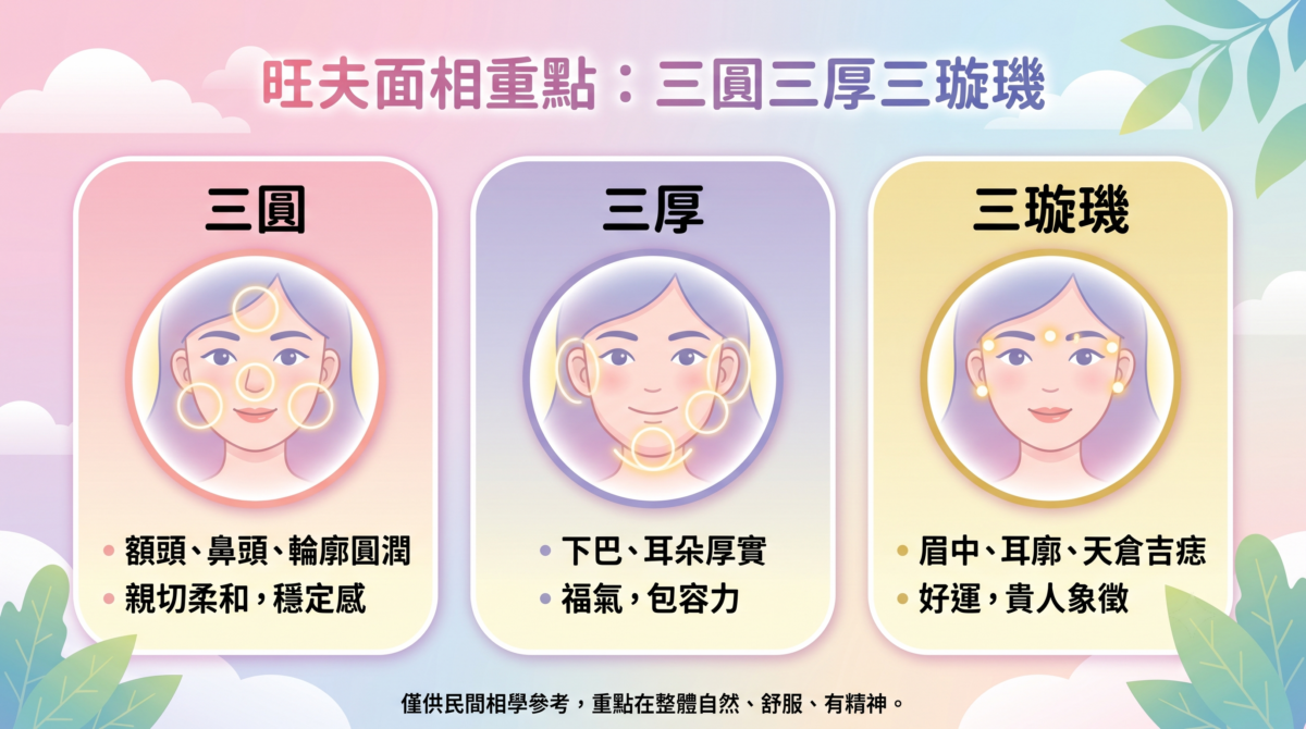 傳統旺夫面相特徵圖解：一圖看懂「三圓（額頭、鼻頭、輪廓圓潤）」、「三厚（下巴、耳朵、臉部厚實）」與「三璇璣（眉中、耳廓、天倉吉痣）」的五官位置與現代含義對照表。