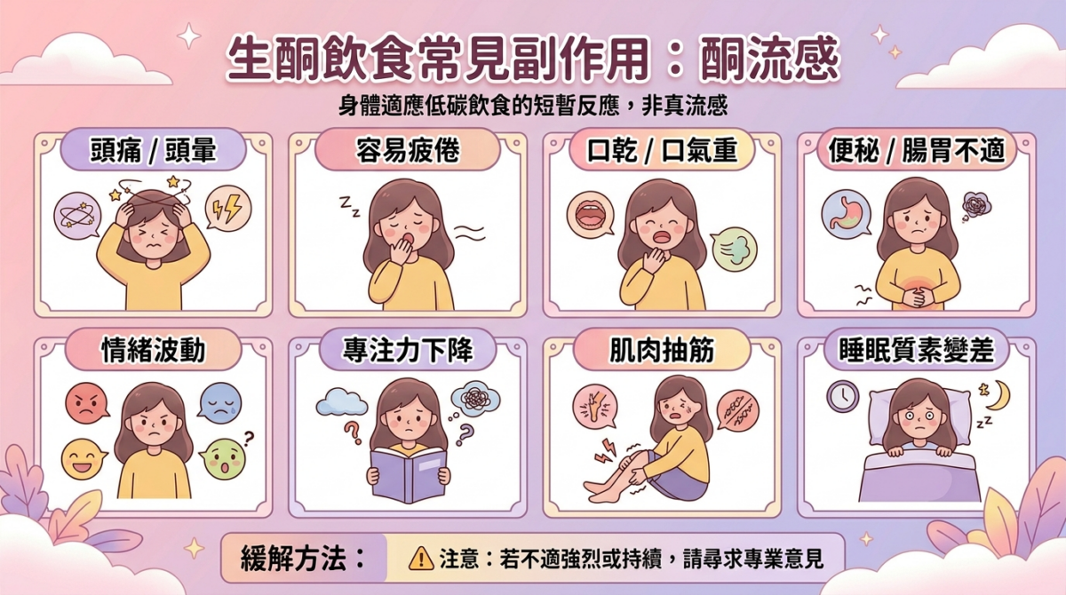 酮流感常見症狀與緩解應對指南圖:視覺化呈現生酮初期 8 大不適症狀(如頭痛、疲倦、腸胃不適等)與 1-2 週的適應期,並提供補充水分電解質、攝取低碳蔬菜(菠菜、西蘭花等)等緩解對策。