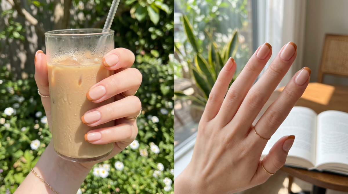 焦糖奶茶色法式美甲以奶茶底配焦糖指尖勾邊,低調自然又帶細緻層次感。