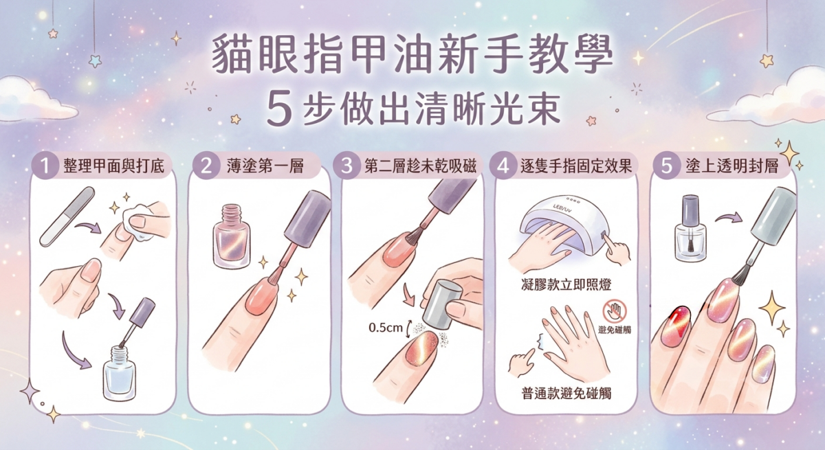 貓眼指甲油新手操作5步驟資訊圖表，包含修甲打底、薄塗吸磁、逐指照燈固定與封層的詳細流程及磁石距離技巧。