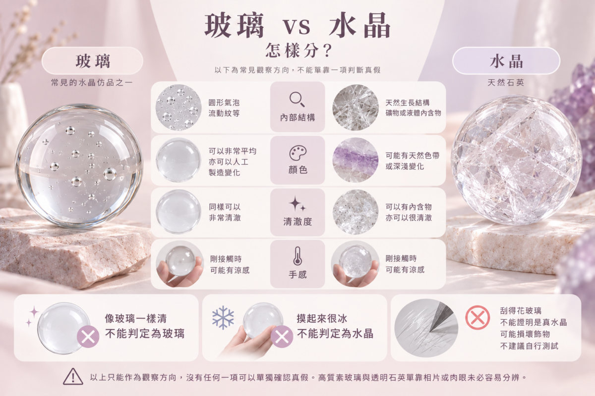 玻璃與天然水晶辨別方法與迷思資訊圖,包含內部結構、顏色、手感等對比及硬度刮花測試迷思釐清。