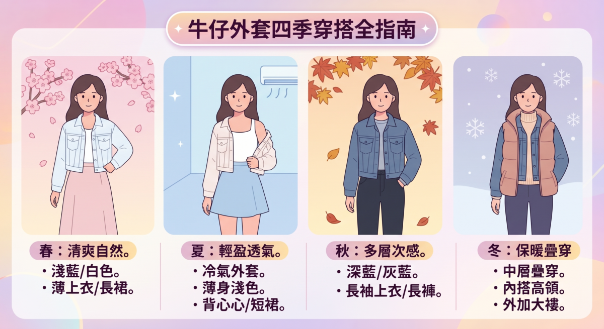 牛仔外套四季穿搭技巧全攻略圖表，詳細拆解春夏秋冬的丹寧外套選色、薄厚款式挑選，以及搭配連身裙、背心、恤衫與冬日大衣中層疊穿的實用公式。