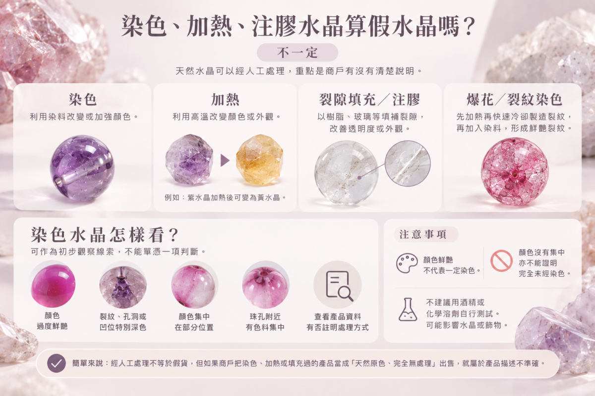 天然水晶人工處理與仿品辨別資訊圖,包含染色、加熱、裂隙填充、爆花染色 4 大處理手法特徵與選購注意事項。