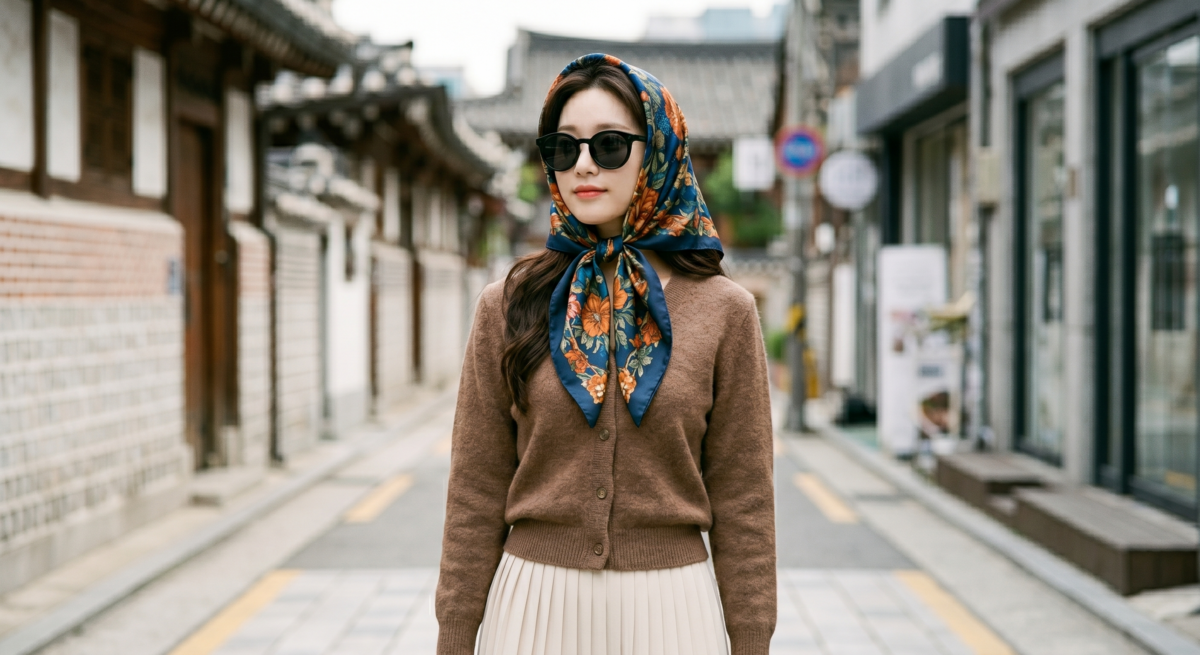 Babushka 頭巾以三角方巾覆蓋頭頂再打結,復古又有造型感,配簡約服裝、墨鏡或外套特別適合旅行拍照。