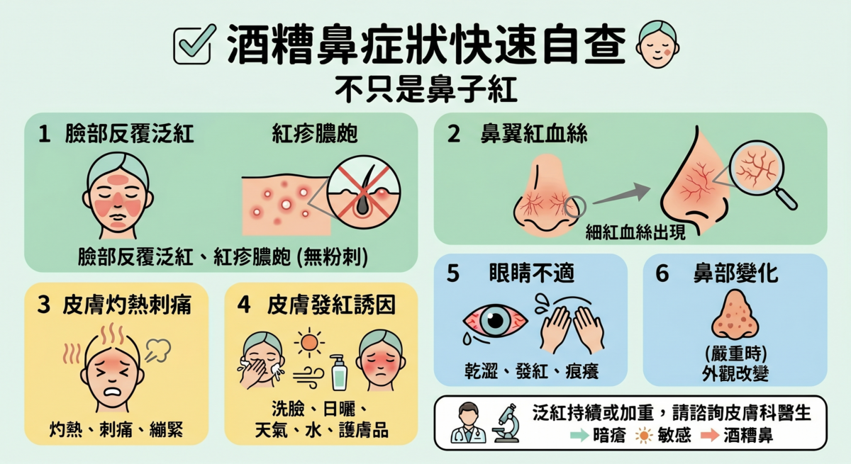 酒糟鼻症狀快速自查表:包含臉部反覆泛紅、發熱刺痛、疑似暗瘡紅疹、微血管擴張及眼睛乾澀等酒糟鼻自我檢測與皮膚科症狀指南