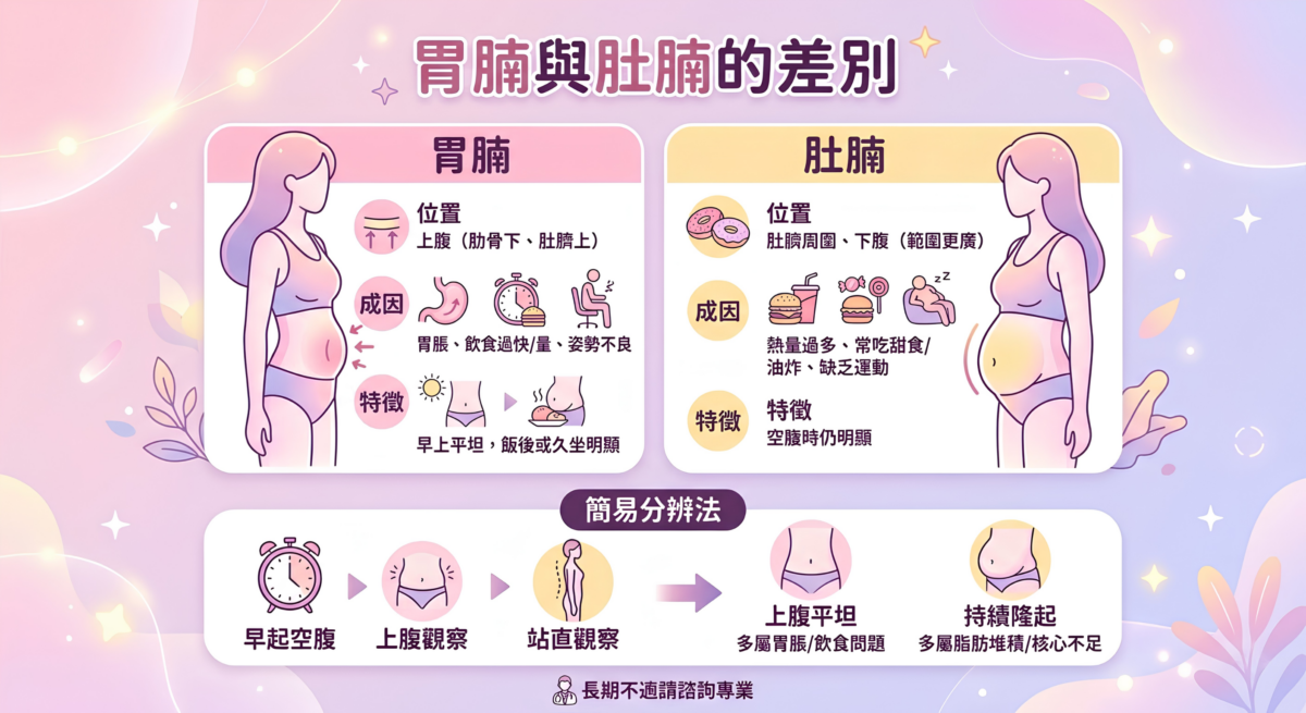胃腩與肚腩分辨懶人包:圖解上腹胃腩與下腹肚腩的位置差異、成因對比,以及早上空腹自我檢測腹部凸出原因的2步驟流程。