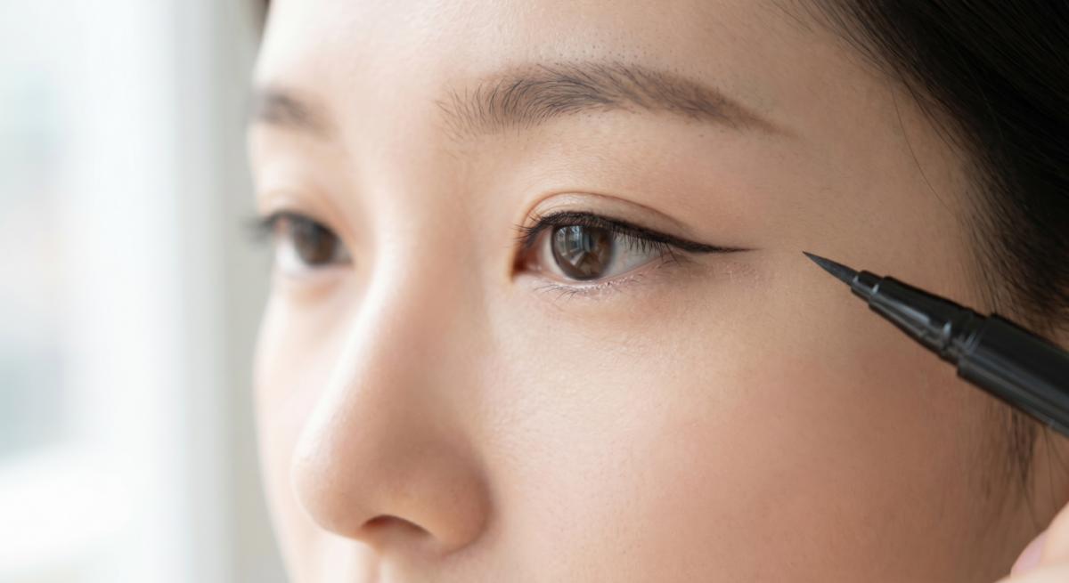 內雙眼皮眼妝地雷是粗眼線、大面積珠光和全包下眼線,容易令眼皮顯腫、眼睛顯小,建議改用細眼線、霧面棕色和局部提亮。