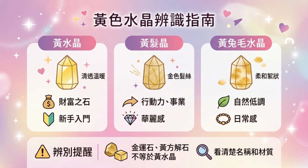 黃色水晶種類分辨圖：黃水晶、黃髮晶、黃兔毛水晶的內部紋理特徵與適合人群對比指南。
