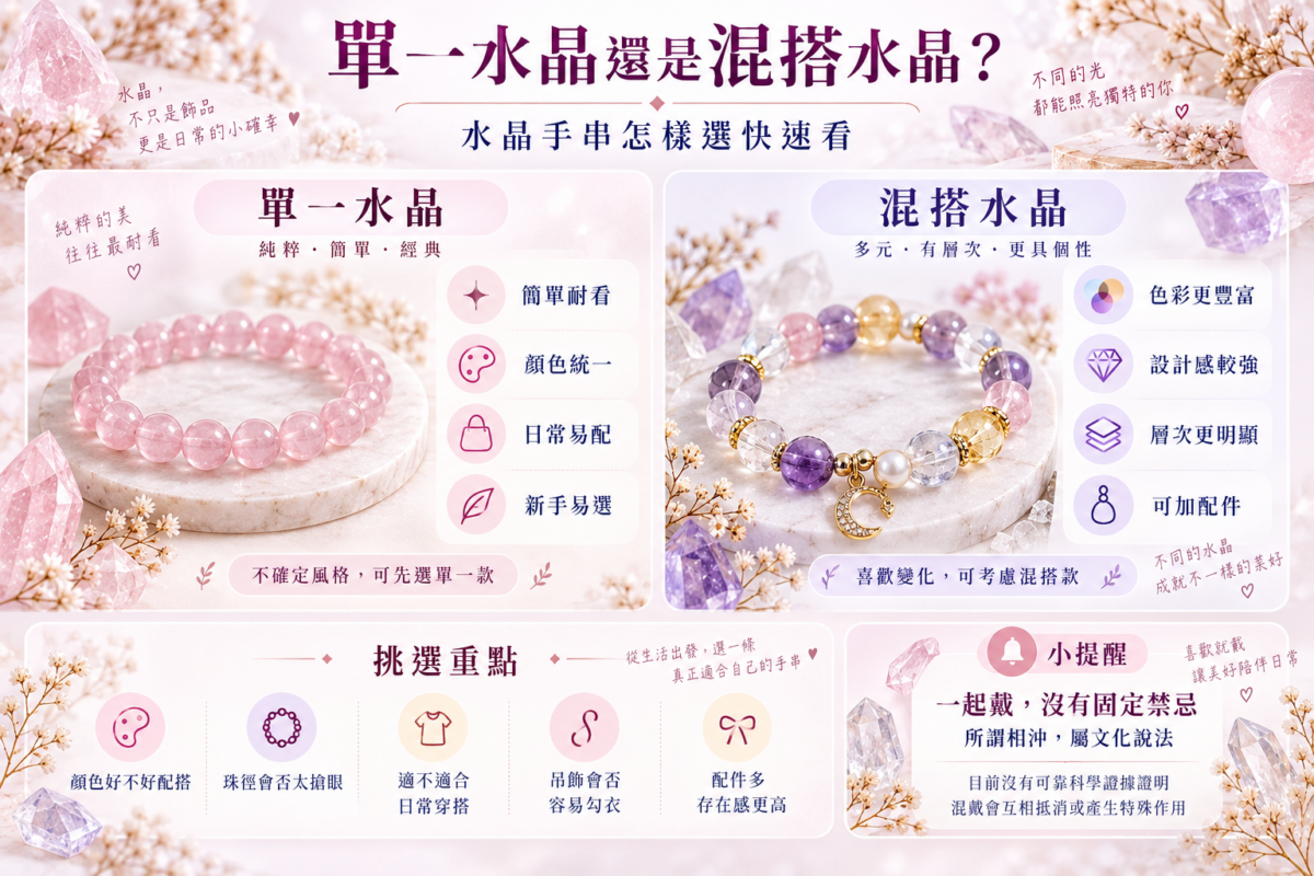 單一水晶與混搭水晶手串比較圖：解析單一與混搭水晶的外觀特色、適合族群及混搭挑選的4大注意事項。