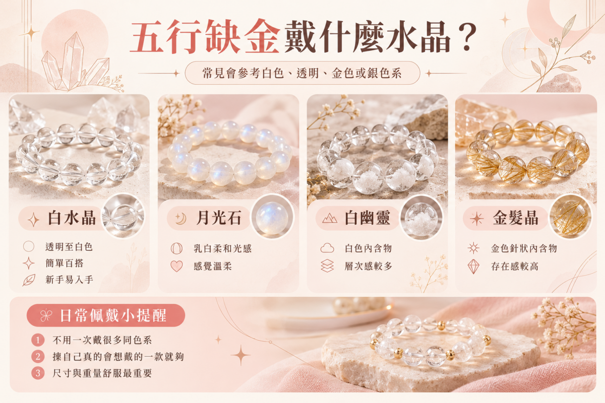 五行缺金水晶推薦比較圖：白水晶、月光石、白幽靈與金髮晶的顏色特徵與配戴風格。