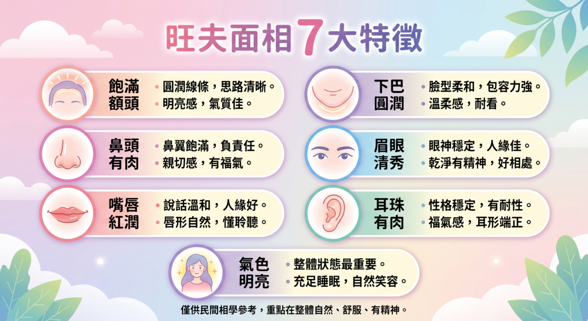 7大旺夫面相特徵圖解：一圖看懂額頭飽滿、鼻頭有肉、下巴圓潤、眉眼清秀、嘴唇紅潤、耳珠有肉及氣色明亮的傳統相學說法與現代生活理解對照。