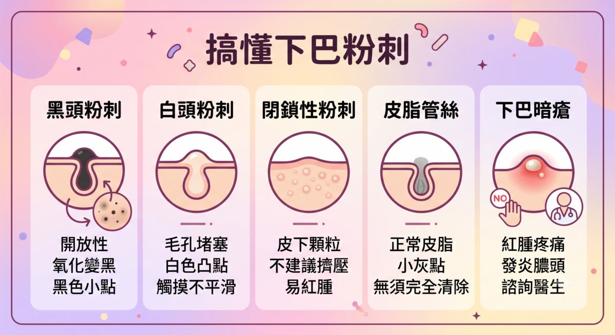 下巴粉刺與暗瘡種類對比圖：一圖看懂黑頭粉刺、白頭粉刺、閉鎖性粉刺（暗粒）、皮脂管絲與發炎暗瘡的特徵與區別。