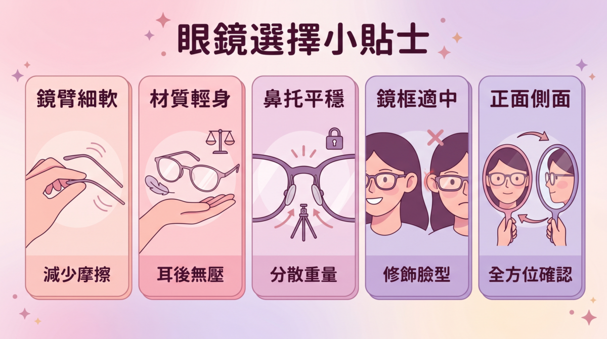 兜風耳眼鏡挑選指南資訊圖:圖解挑選眼鏡的5大關鍵部位,包含細軟鏡臂、輕量材質、穩固鼻托、適中鏡框寬度與正側面雙視角試戴的結構標註。
