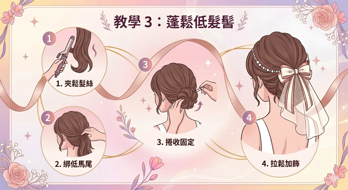 蓬鬆低髮髻4步驟DIY教學資訊圖,包含夾鬆頭髮、綁低馬尾、髮尾內收固定、拉鬆線條與配戴頭紗或珍珠髮飾的完整流程。