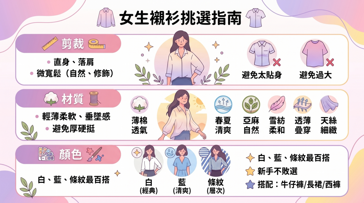 女生襯衫材質挑選推薦對比圖:薄棉、亞麻、雪紡、透薄與天絲襯衫的穿搭特點與場合指南。