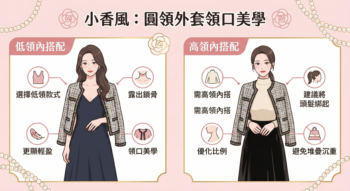 穿著小香風時，領口的細節決定了整體精緻度。