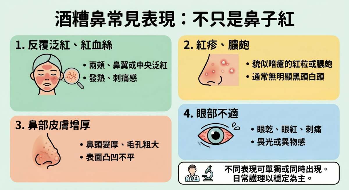 酒糟鼻4大常見表現與特徵對照表:包含反覆泛紅紅血絲、紅疹膿皰、鼻部皮膚增厚、眼部不適的特徵說明與皮膚科醫生護理建議指南。