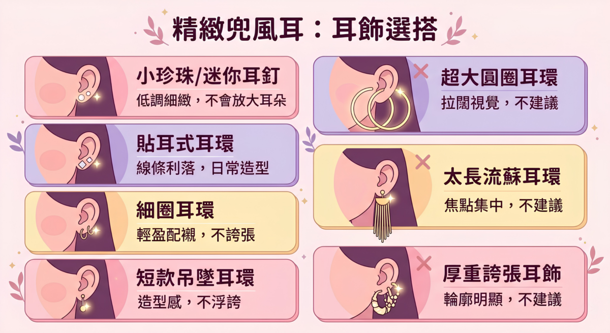 兜風耳耳環款式挑選與搭配建議圖:對比適合兜風耳的小珍珠耳環、貼耳耳環、細圈耳環、短款吊墜耳環,以及較不建議的超大圓圈、長流蘇與厚重誇張耳飾之視覺效果說明。