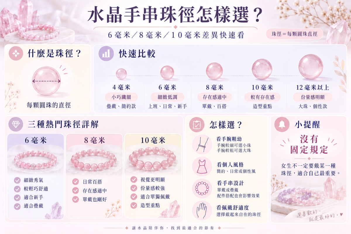水晶手串珠徑對照圖：解析 4mm、6mm、8mm、10mm 及 12mm 以上水晶圓珠的配戴視覺效果與適合族群選購指南。