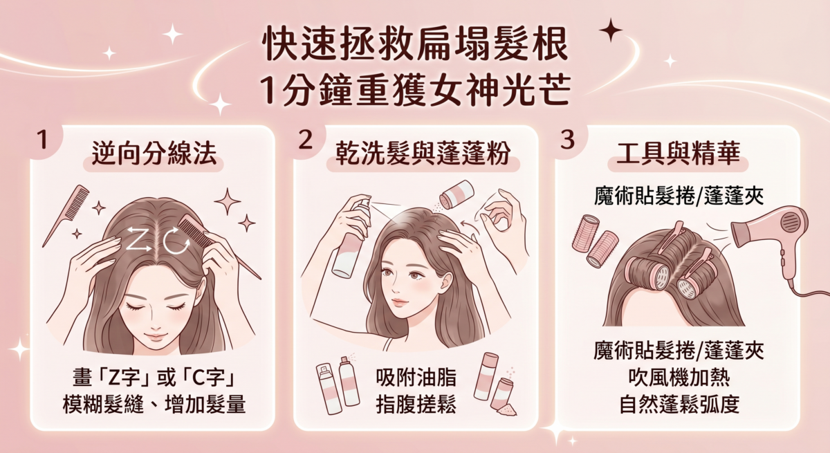 早晨起床時間緊迫，或者下午臨時有重要約會，該怎麼快速拯救塌下去的劉海和頭頂？