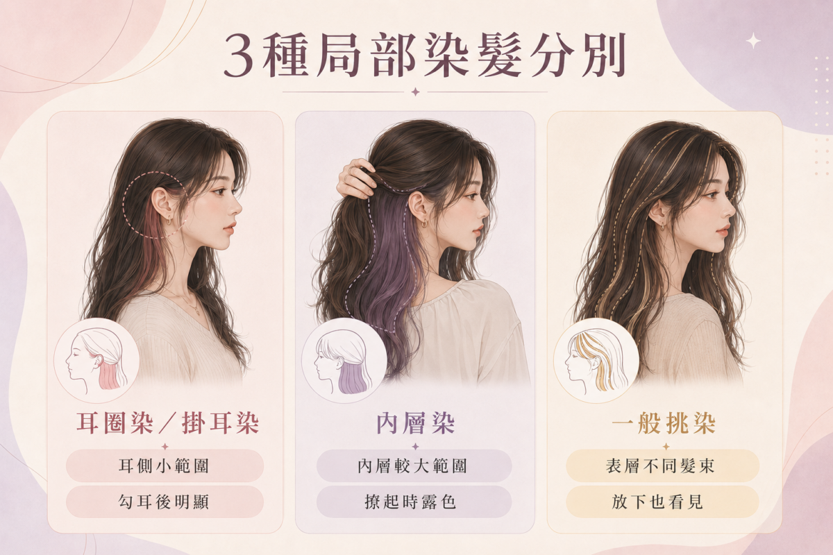 耳圈染、內層染與一般挑染的染色範圍與視覺效果比較圖。