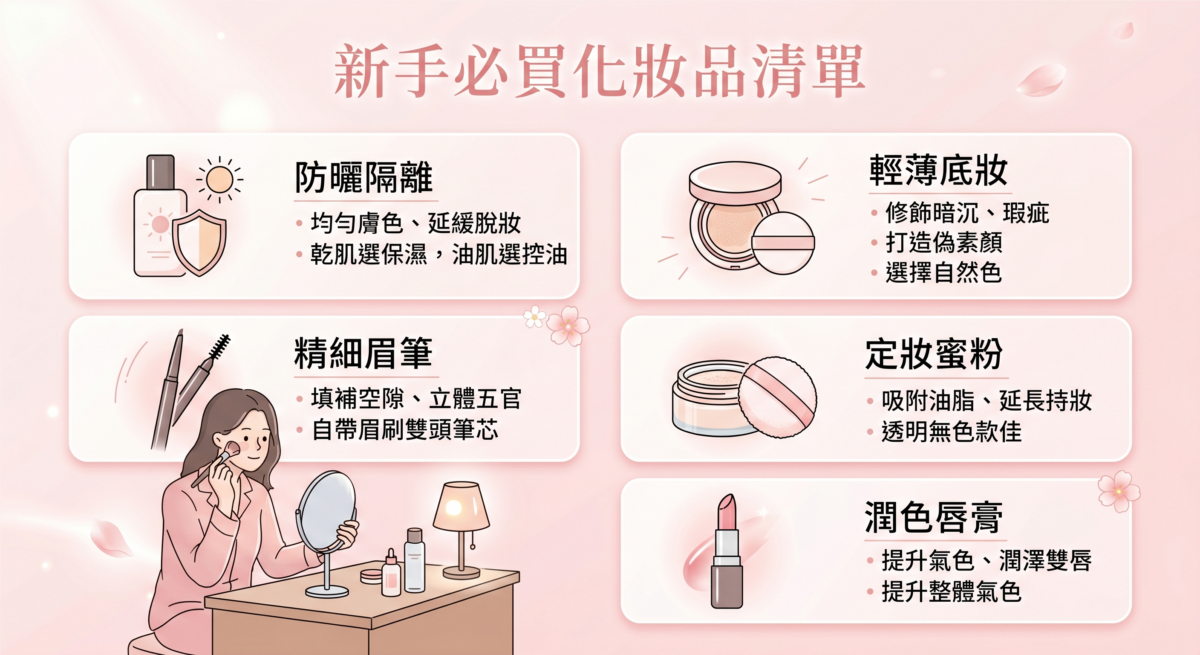 對於第一次嘗試化妝的女生來說，最理想的狀態是「用最少的單品，達到 80% 的氣色提升」。