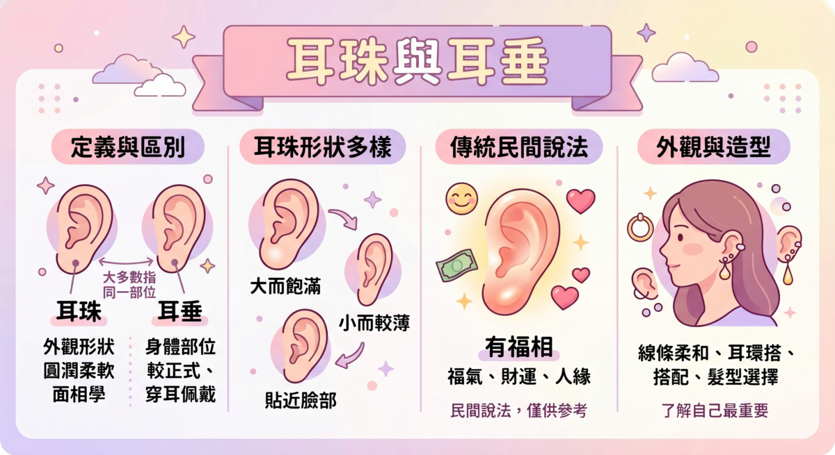 耳珠與耳垂的分別對比圖,詳細列出「耳珠」與「耳垂」在日常、面相及穿耳洞等不同情境的稱呼差異,並呈現大而飽滿、較小較薄、貼面型等常見耳珠形狀。